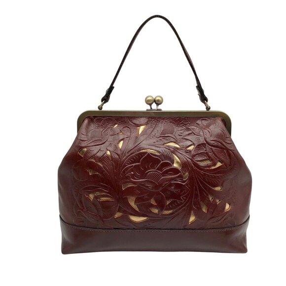 Patricia Nash Brown Leather Elsworh Floral Kiss Lock Shoulder Bag - Picture 1 of 10